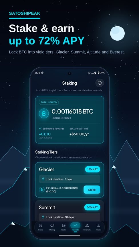 Staking tiers — Glacier 15% APY and Summit 30% APY